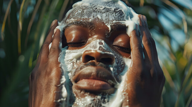 Close up of a man with closed eyes washing his face with white soap outdoors in natural lighting - Powered by Adobe
