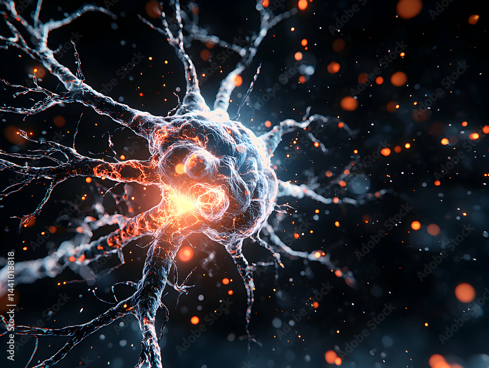 Poster a vibrant illustration of a neuron firing. it could be utilized in educational materials like neuros