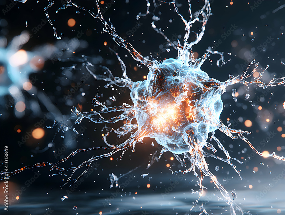 Poster image depicts a glowing neuron with water-like structures suggesting neural connections. ideal for s
