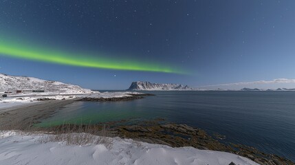 Northern lights over serene arctic landscape at night