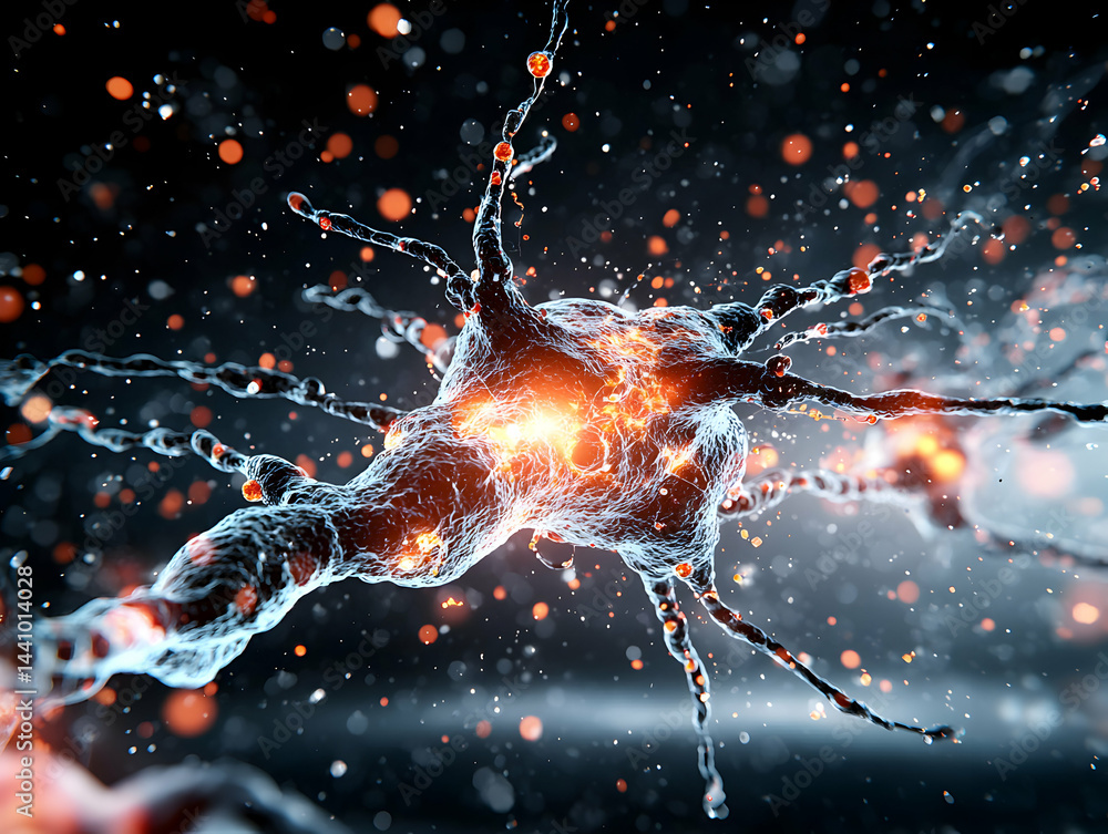 Poster a striking digital rendering of a neuron cell. its complex structure is highlighted with glowing eff