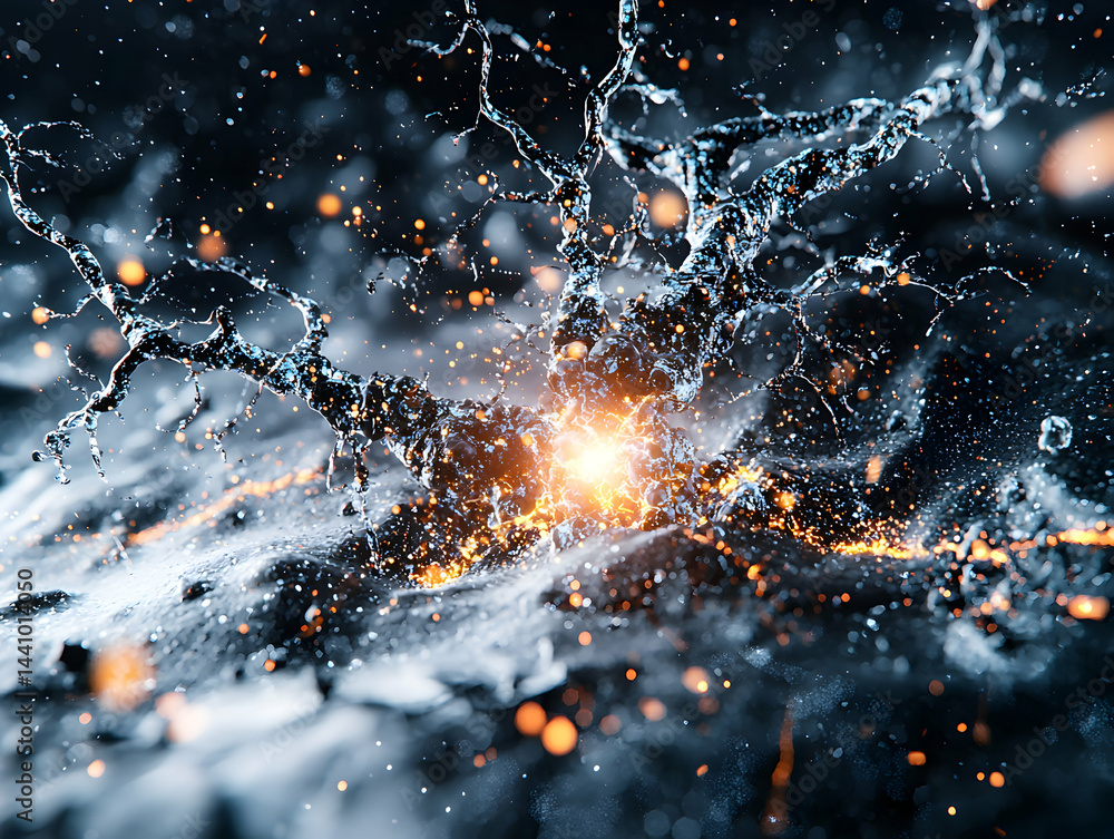 Poster abstract image of a neural network explosion or energy burst. use it for science fiction or technolo