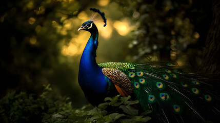 Fototapeta premium A beautiful peacock displaying its colorful feathers in a lush garden.