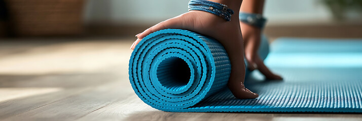 Close-up of a woman's hands unrolling a yoga mat on the floor at home, with the focus on the hands and equipment.
