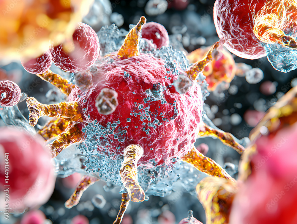 Poster an artistic rendering of a biological cell or virus. could be used in educational materials scientif