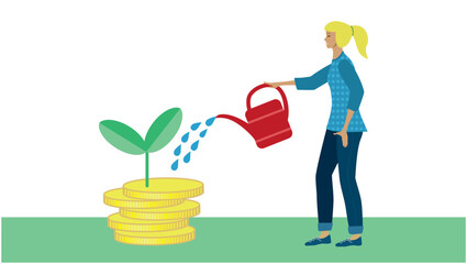 Woman, girl watering money to get them grow. Vector illustration.