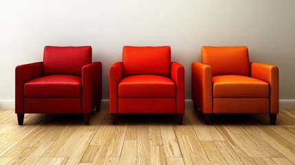 Three red chairs are sitting in a room with a white wall. The chairs are arranged in a row, with the middle chair being the tallest. The chairs are all facing the same direction