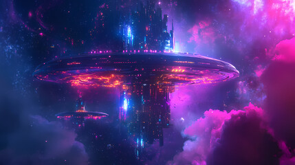 Futuristic ufo with colorful light effects in night sky. Fantasy Reactor. Illustration