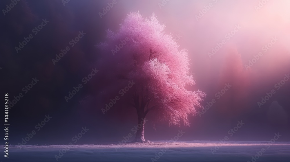 Poster Tree with pink leaves stands in a field of snow. The image has a serene and peaceful mood, with the tree providing a sense of calmness and tranquility