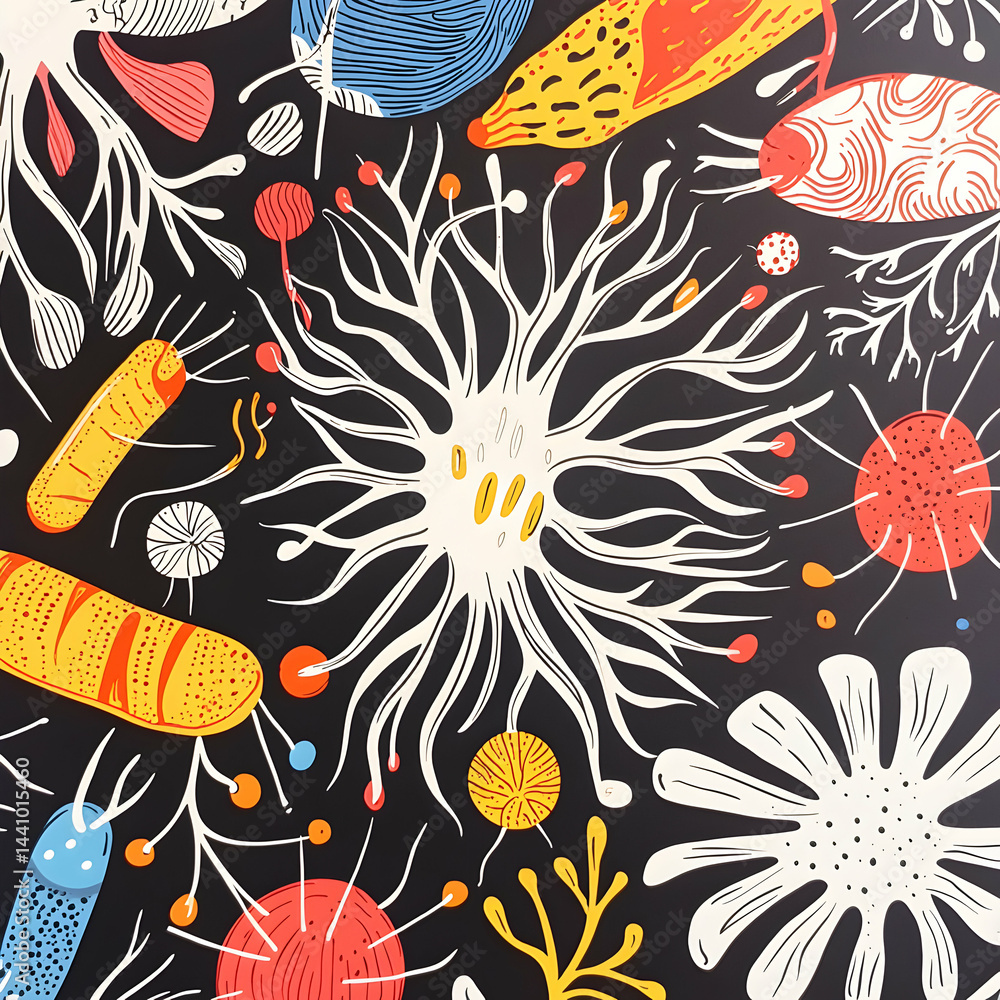 Poster abstract illustration with various shapes and colors. the design suggests a microscopic view or orga