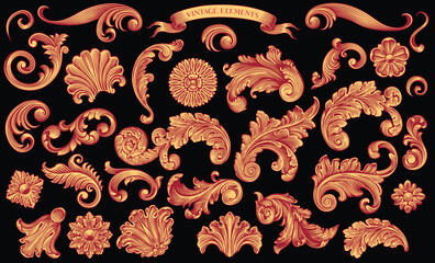 Floral ornamental decorative calligraphic filigree elements. Design set. Editable hand drawn illustration. Vector vintage engraving. Isolated on black background. 8 EPS