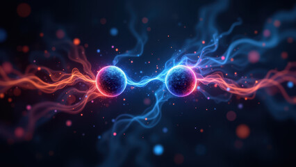 A dynamic 3D rendering of an atom with energy particles.
