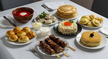 A vibrant collection of diverse eastern european foods, beautifully arranged on a white table.