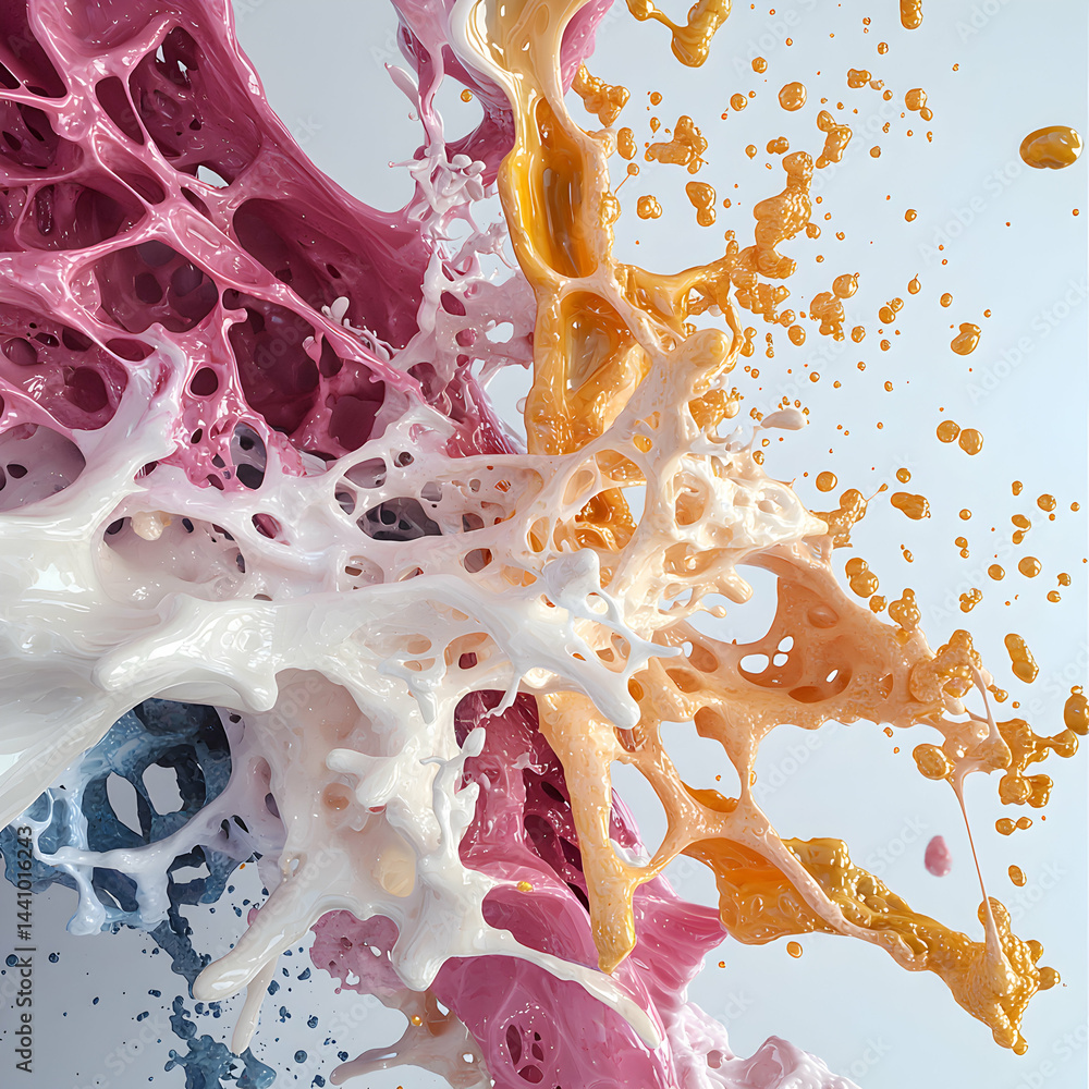 Poster an abstract artwork showcasing colorful liquid splashes. ideal for creative branding or background d