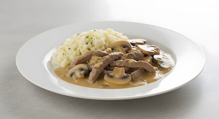 A classic beef stroganoff dish with sliced mushrooms and creamy sauce, served on a plate.