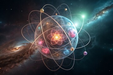 Obraz premium Atom in the cosmos: An intricate, photorealistic rendering of an atom, its subatomic particles orbiting a central nucleus. The artwork combines elements of science and art.
