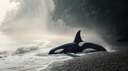 Majestic orca resting on a misty beach
