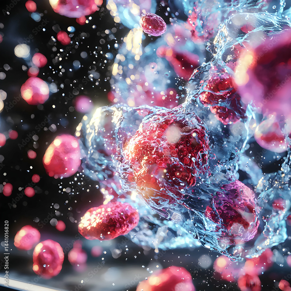 Poster a vibrant macro shot depicting cells in a fluid environment showcasing cellular structures. possible