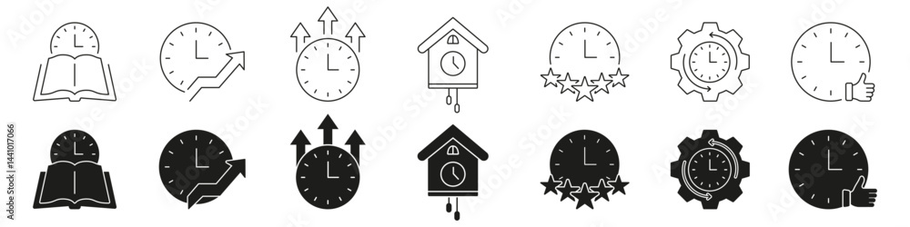 Poster clock and time management line and solid icon set. productivity, efficiency, and scheduling symbol c