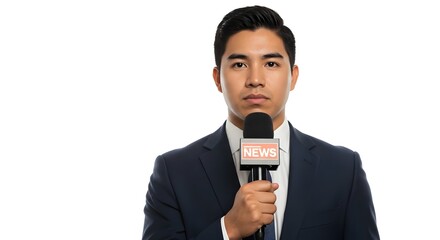 An Asian man in a suit holding a microphone, ready to deliver the news to viewers.