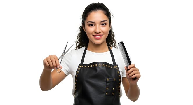 A cheerful hair stylist poses with her tools, ready to start creating a new hairstyle.