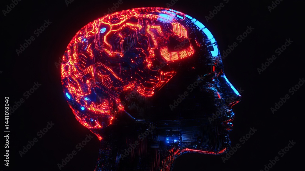 Poster artificial intelligence digital head red blue neon glowing circuitry brain technology futuristic hum