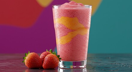 Close-up of a pink strawberry and mango smoothie in a glass with droplets, alongside fresh strawberries on a colorful abstract background.