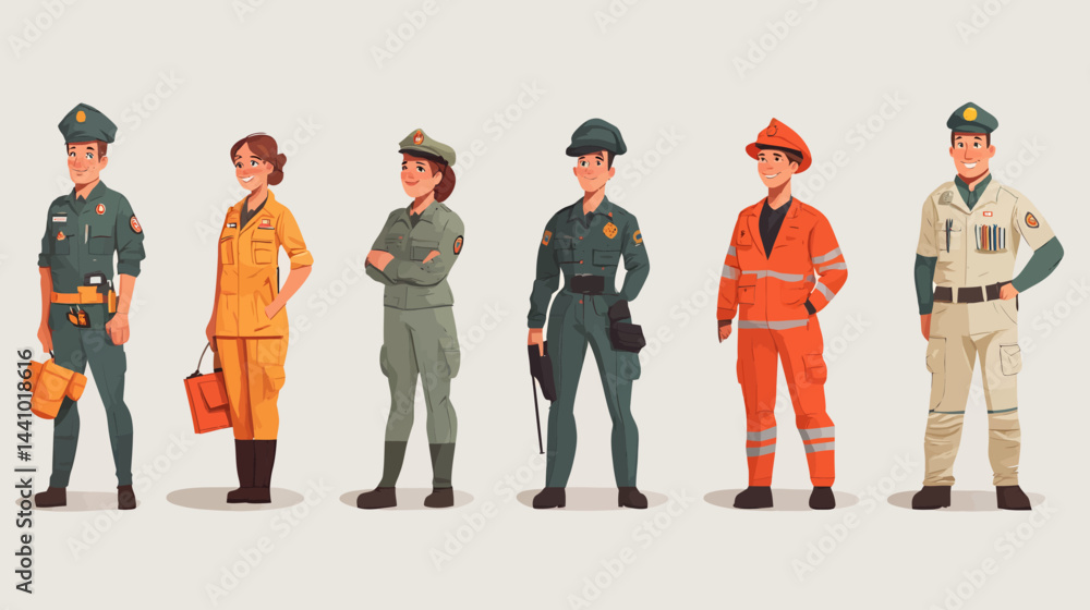 Poster professionals in uniform set: characters from different professions in work attire -