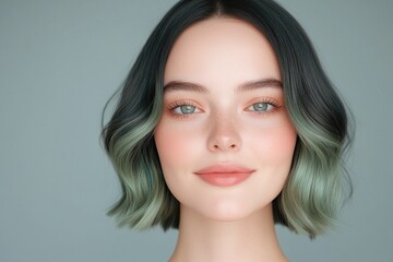 Naklejka premium Modern fashion portrait, young Caucasian woman with green ombre wavy bob hairstyle, clear skin, soft natural makeup, pastel grey background, minimal style, beauty close up