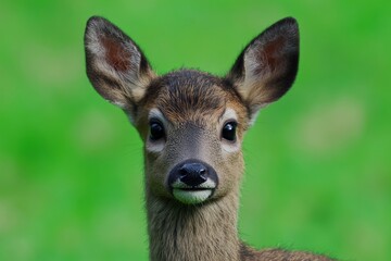 Close-up portrait of a young deer against a vibrant green background.