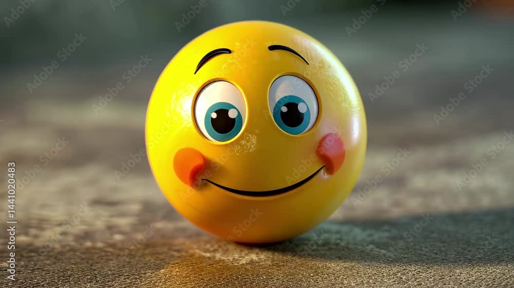Poster cheerful animated orange smiley face with large eyes and blush, designed for playful and joyful them