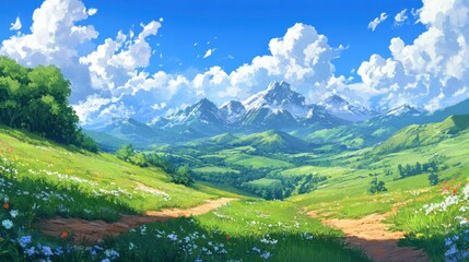 Fototapeta premium A scenic vista of a lush valley with towering mountains