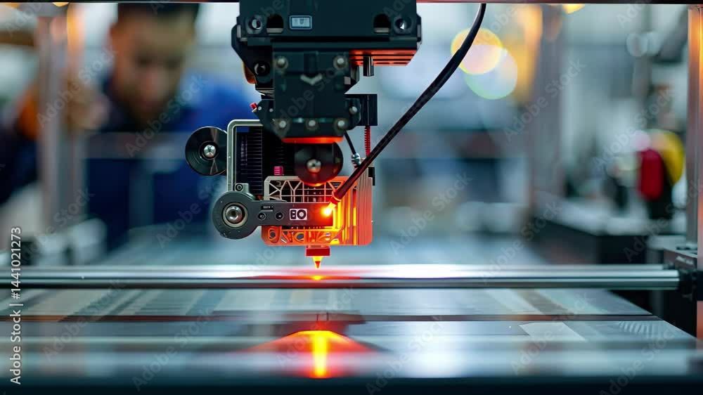 Aufkleber Advanced 3D printing technology in action with detailed close-up of a printer head and filament extrusion at a manufacturing facility