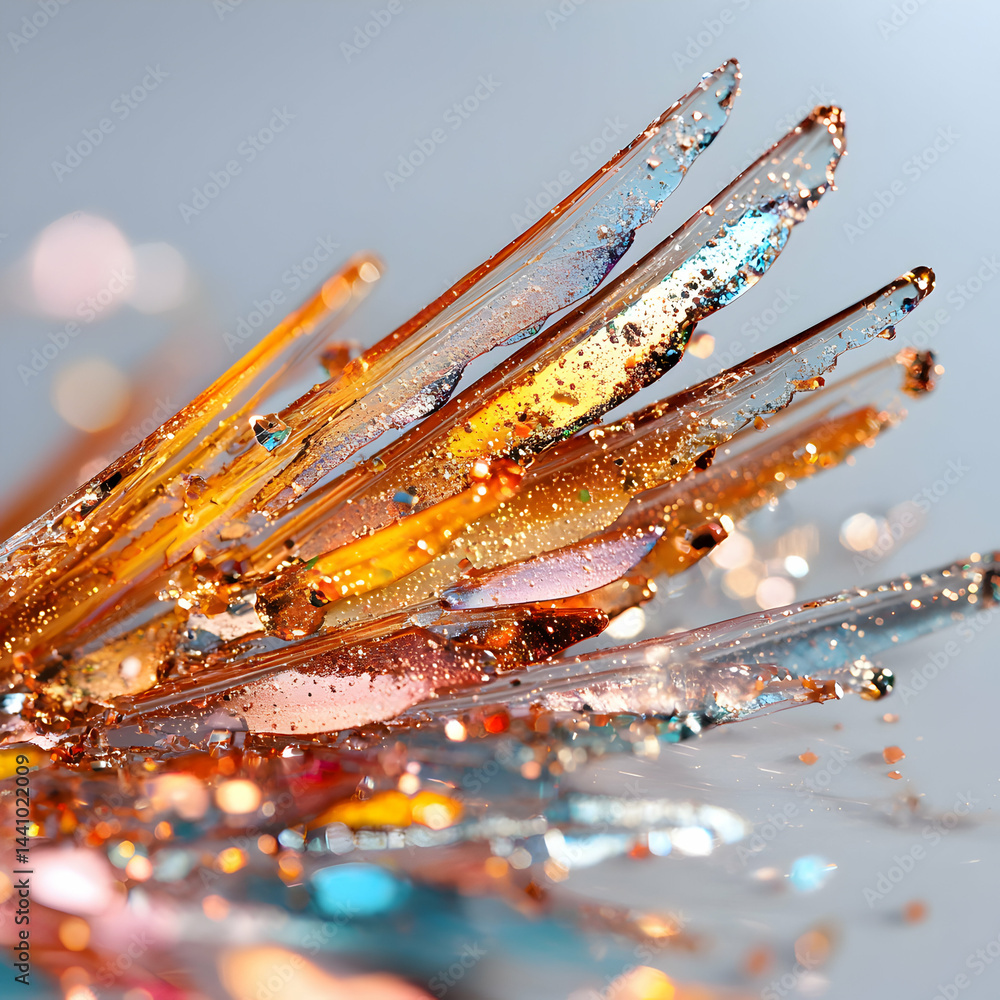 Poster abstract macro image showcasing vibrant crystal-like structures with shimmering glitter. ideal for a