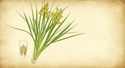 Lemongrass plant illustration with yellow flowers on textured background  