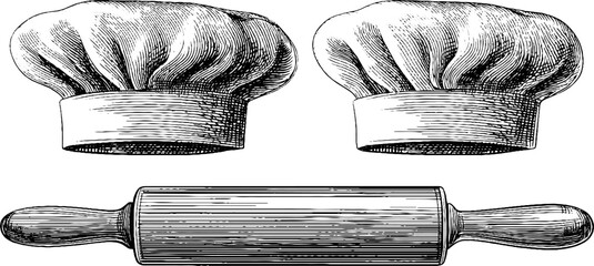 Engraved chef hat and rolling pin illustration set for culinary design