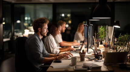  Dedicated employees working late into the evening in a professional office setting.
