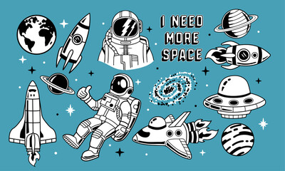 A set of space theme vector set with astronauts, rockets, planets, UFOs, space shuttles, and cosmic elements.	
