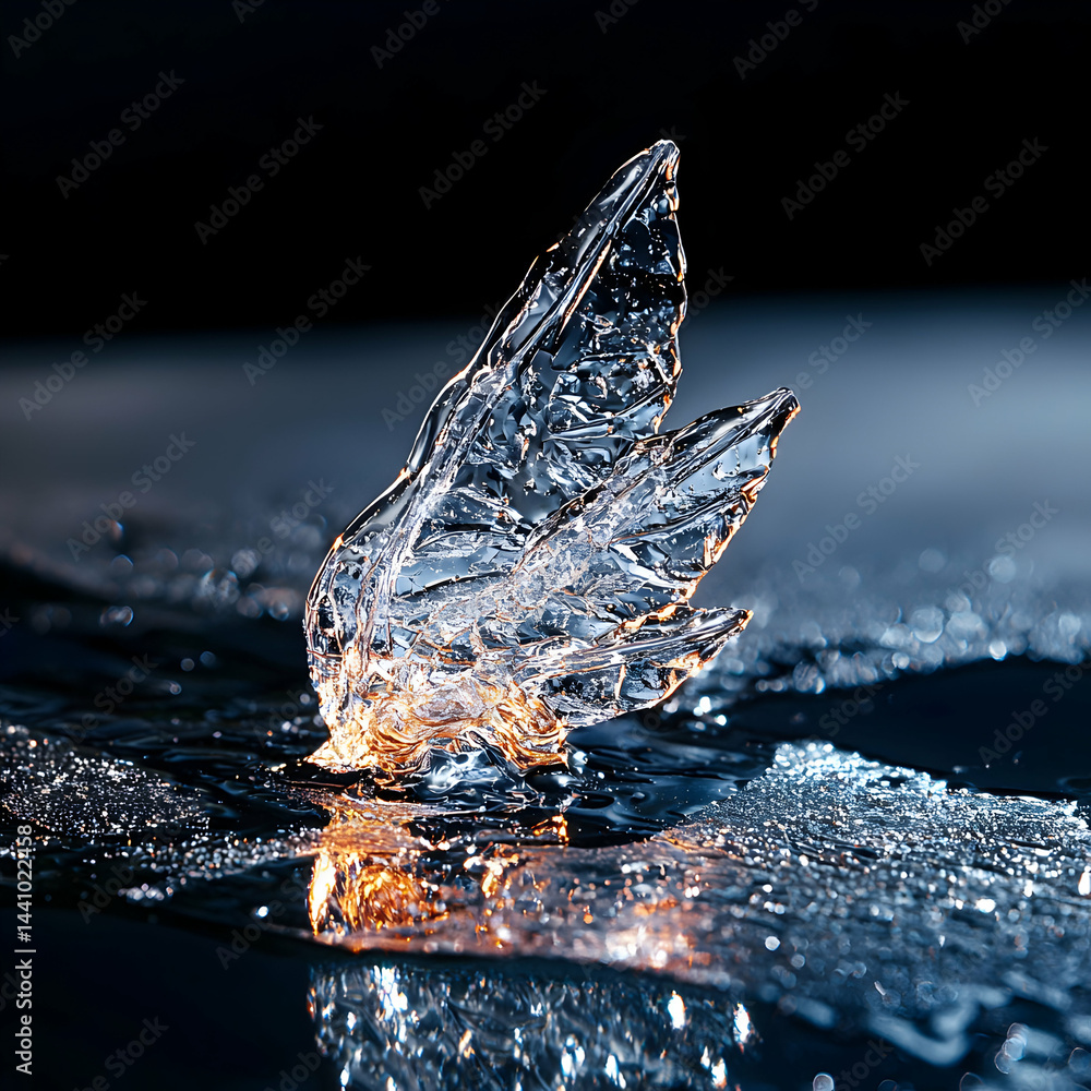 Poster a macro shot of a delicate ice structure. it has interesting textures and reflections. use for abstr