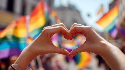 .SHands Forming Heart Shape with Rainbow Pride Flags Background for LGBTQ+ Rights Events, Diversity Campaigns, Equality Marches, and Social Justice Promotions - Bright and Vibrant Color Palette