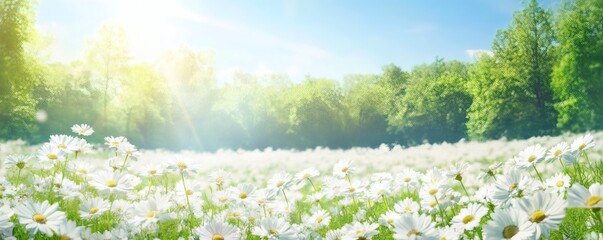 Obraz premium A field of white flowers bathed in sunlight.