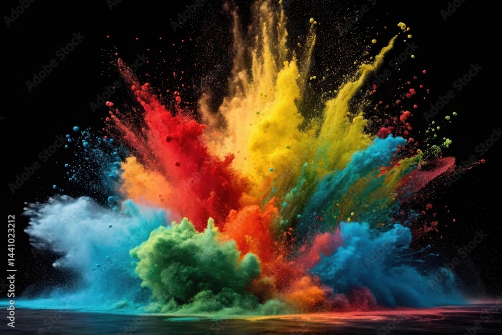 Poster vibrant explosion of color bursts forth in dynamic clouds, creating an enchanting spectacle in a dar