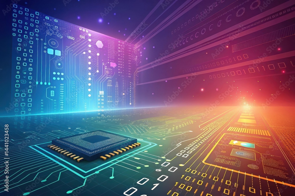 Poster digital landscape with glowing circuitry and a microprocessor showcasing technology's evolution in a
