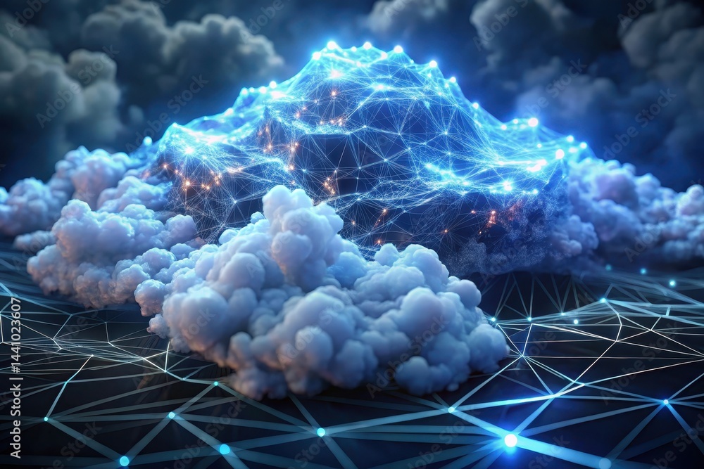 Poster digital cloud formation enhances the landscape with shimmering connections and energy in a futuristi
