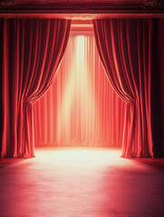 Red curtains open to a bright light stage setting background