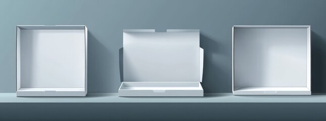 Fototapeta premium The illustration set features a realistic and modern depiction of a blank carton package in the form of a white cardboard box, shown from different angles and including a rectangular paper container