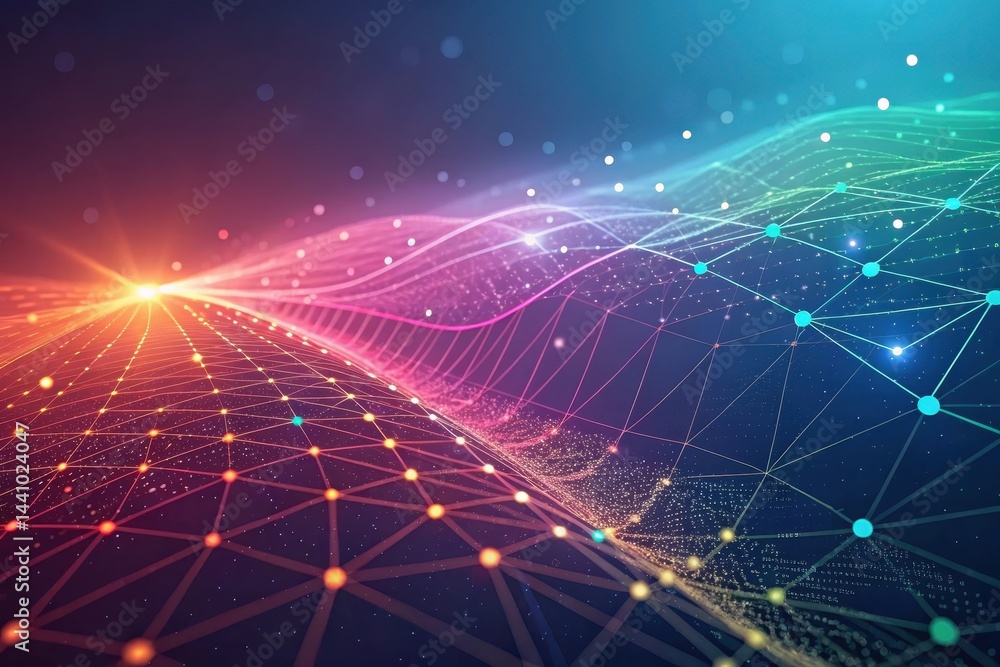 Aufkleber vibrant waves of light and color flow through a digital landscape showcasing interconnected nodes an