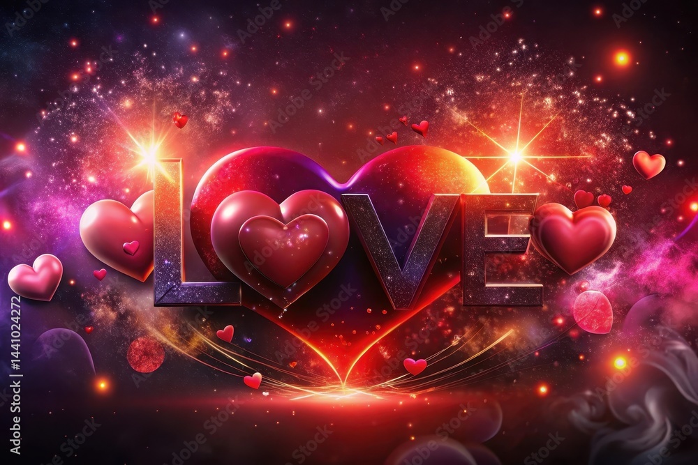 Poster colorful heart shapes blend with sparkling lights to create a vibrant expression of love in a cosmic