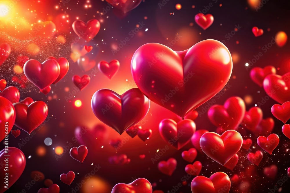 Poster floating red hearts illuminate a magical night filled with love and joy, creating a whimsical displa