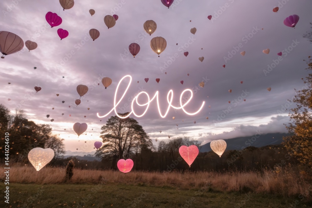 Aufkleber romantic evening under a twilight sky with floating hearts and lanterns conveying deep emotion and j
